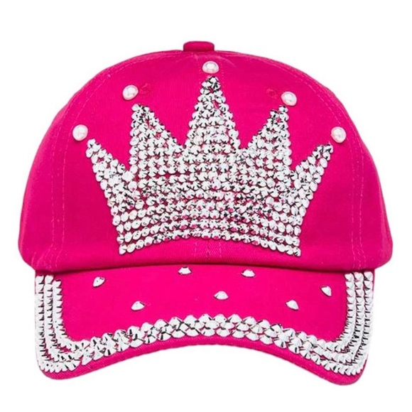 Bling Silver Crown on Fuchsia Adjustable Denim Ball Cap Hat - Picture 1 of 2